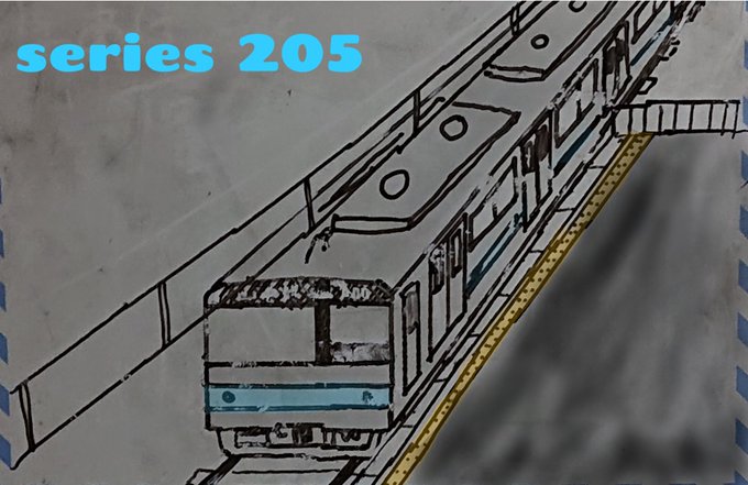国鉄205系電車をイメージした車両を描いたホワイトボードの写真を撮り、加工アプリで色付けした物