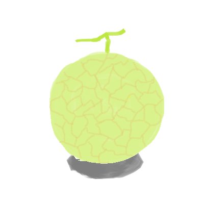 想像するとおりのメロンの絵。丸くて薄緑の果実。ただし網目が適当