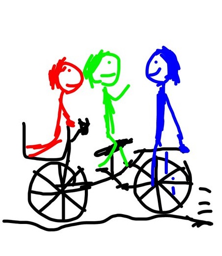 左向きに走る自転車を三人乗りしている絵。前カゴには後ろを向いた赤い人。緑の人もサドルに座ってはいるけど後ろ向き。荷台に座る青い人と話している。
