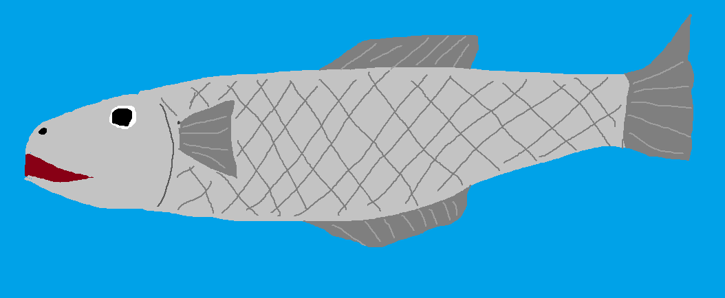 水のように青い背景に、尾びれの付け根が少し太い魚の絵が描いてある